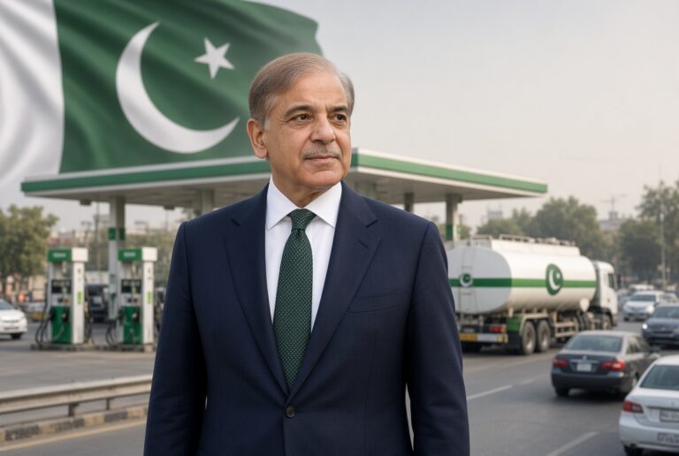 PM Shehbaz Ensures Petrol Supply Across Pakistan PM Shehbaz Sharif standing near a petrol station with the Pakistan flag and a fuel tanker in the background.